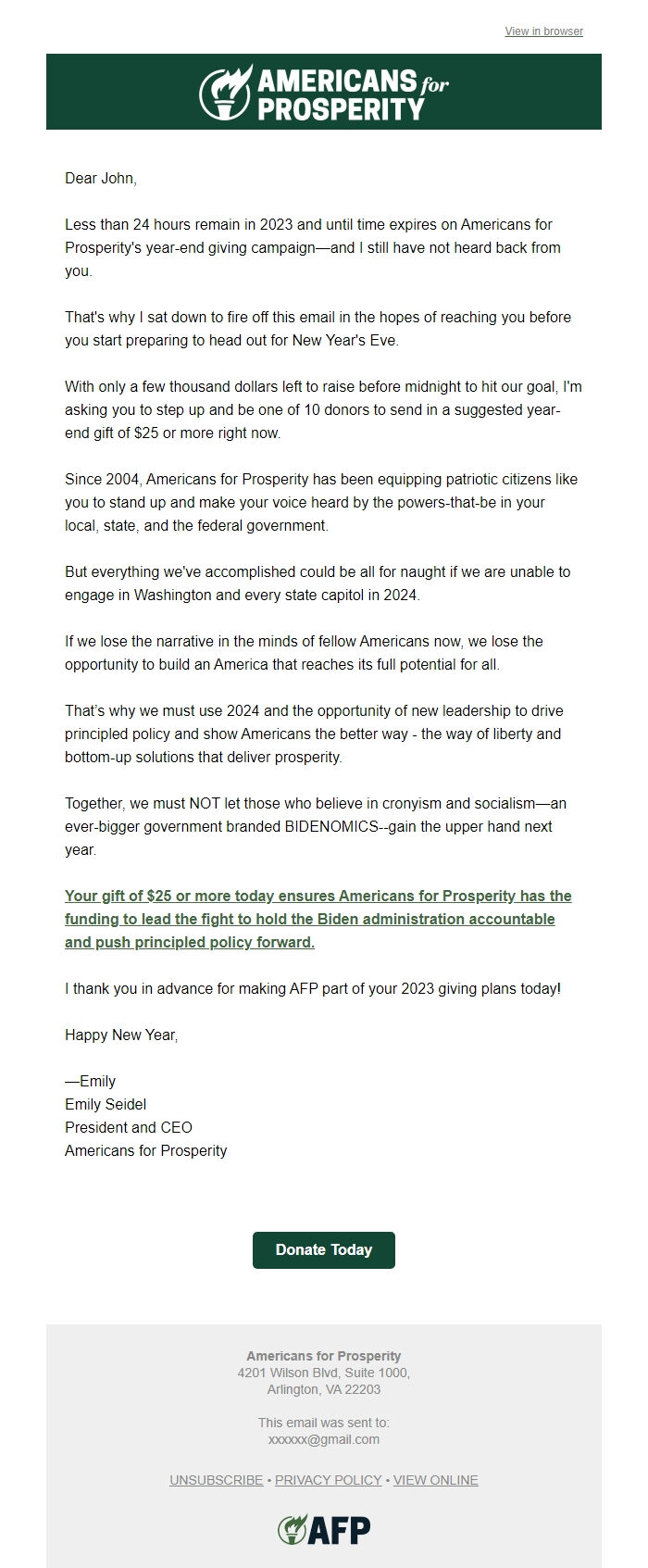 Screenshot of the email generated on import