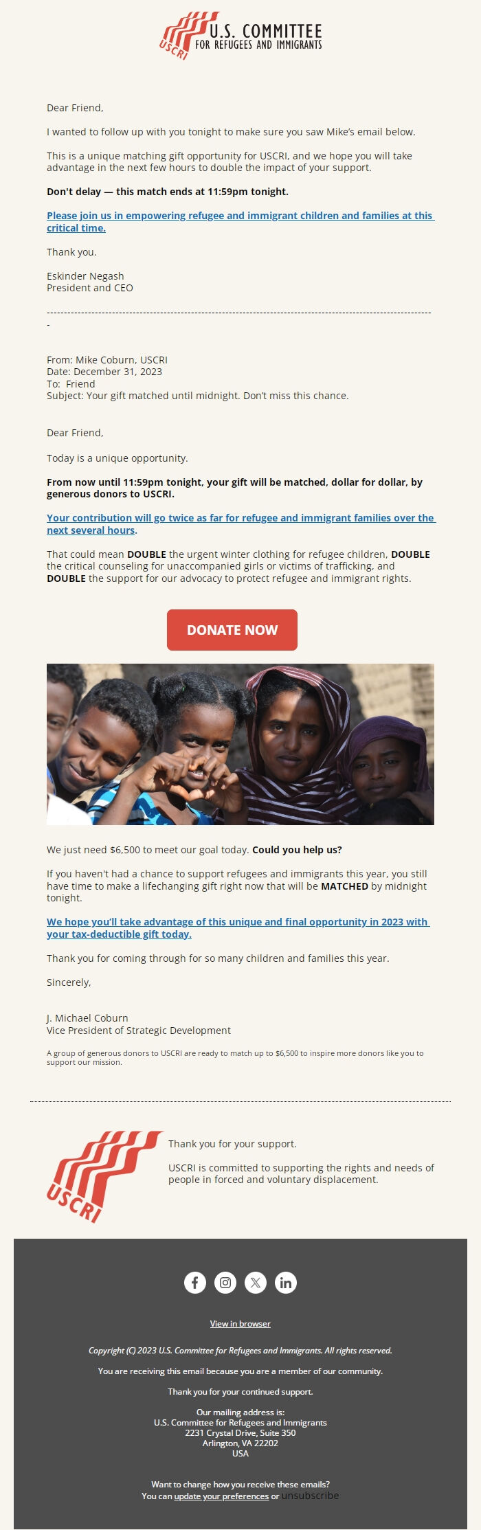 Screenshot of the email generated on import