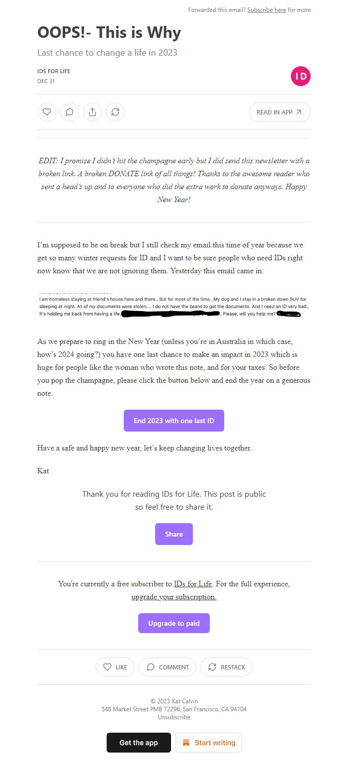 Screenshot of the email generated on import