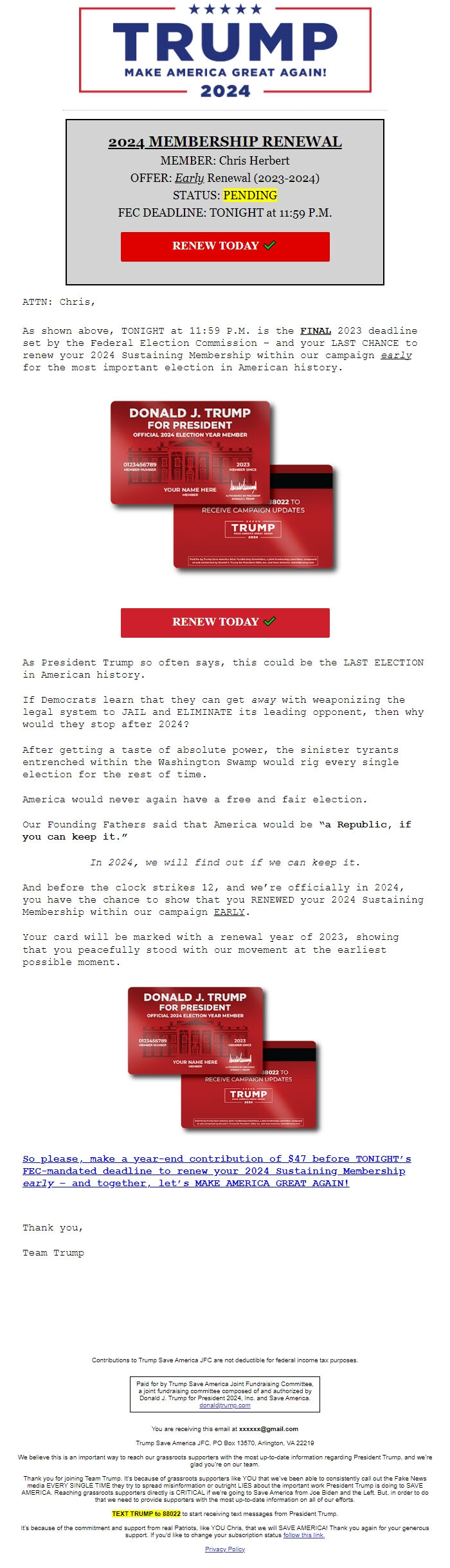 Screenshot of the email generated on import