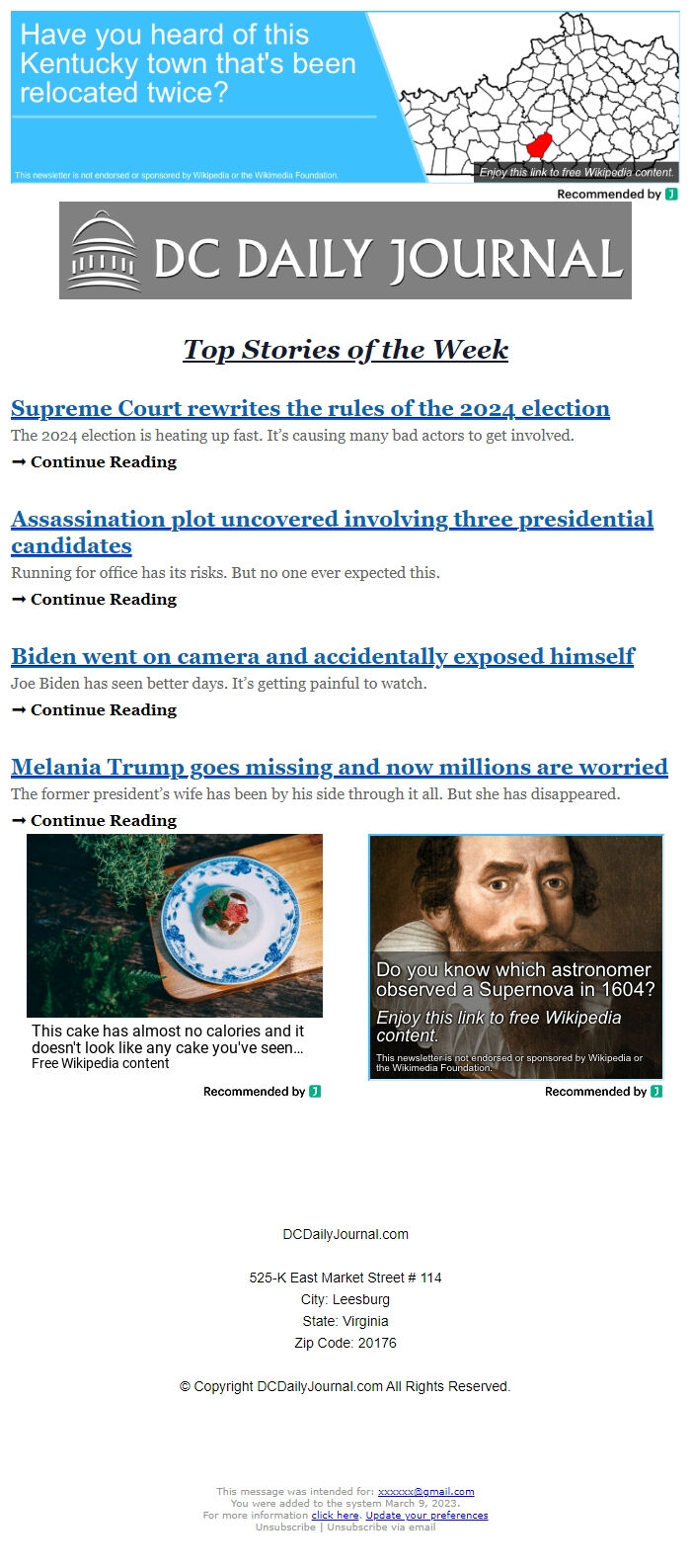 Screenshot of the email generated on import