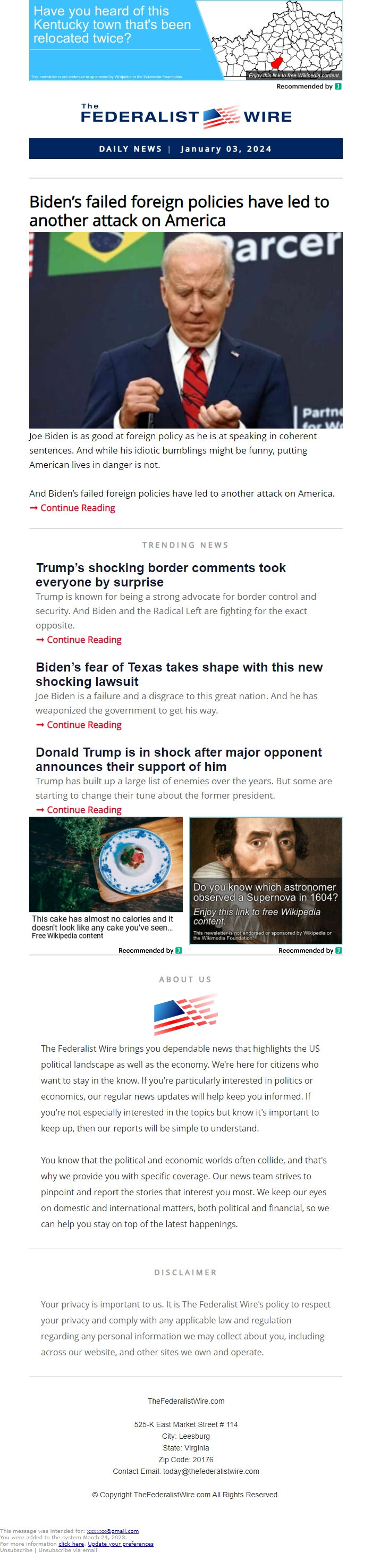 Screenshot of the email generated on import