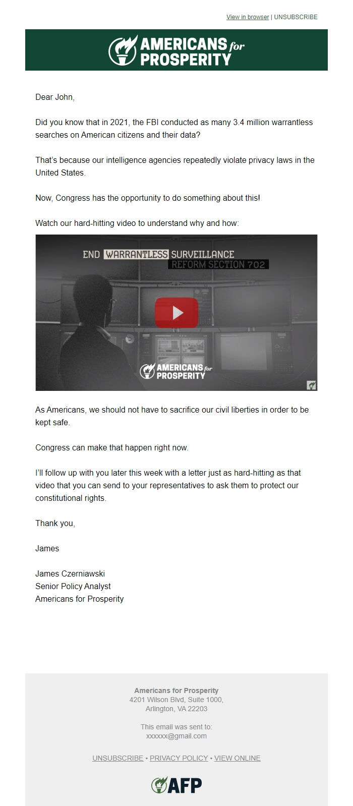 Screenshot of the email generated on import