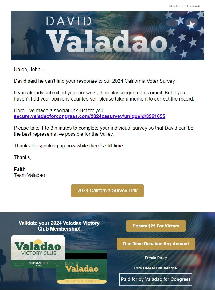 Screenshot of the email generated on import