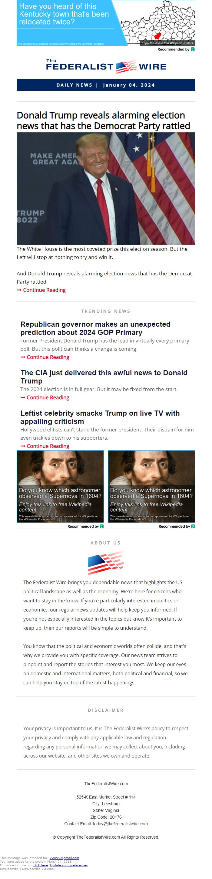 Screenshot of the email generated on import