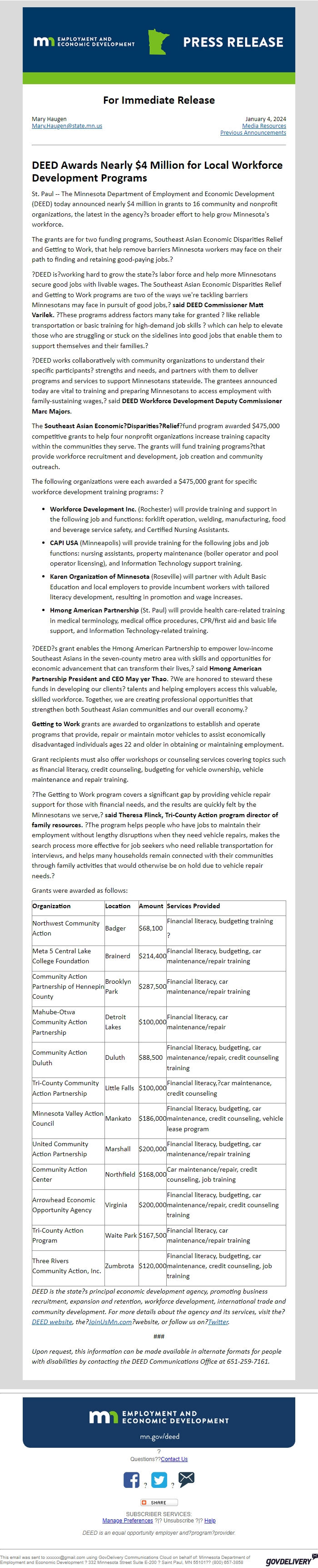 Screenshot of the email generated on import