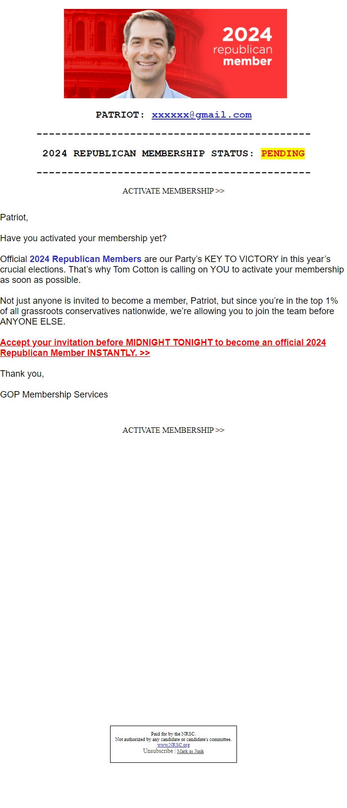 Screenshot of the email generated on import