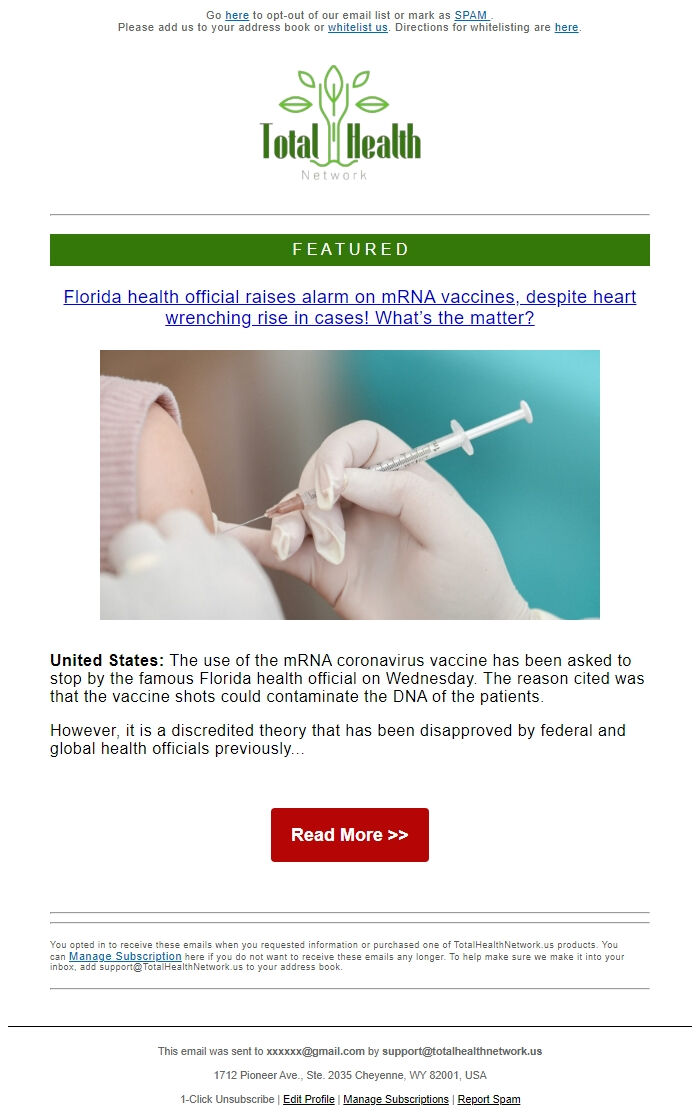 Screenshot of the email generated on import