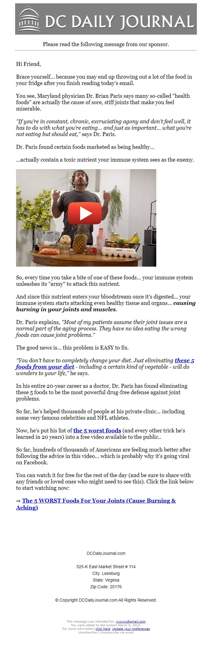 Screenshot of the email generated on import