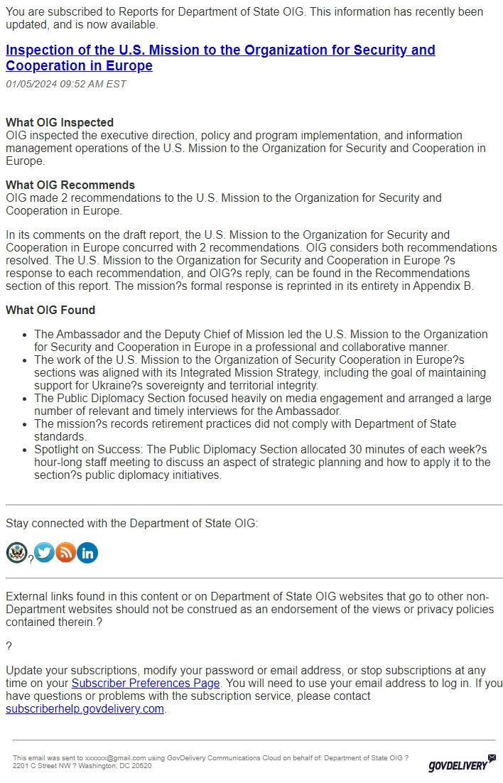 Screenshot of the email generated on import