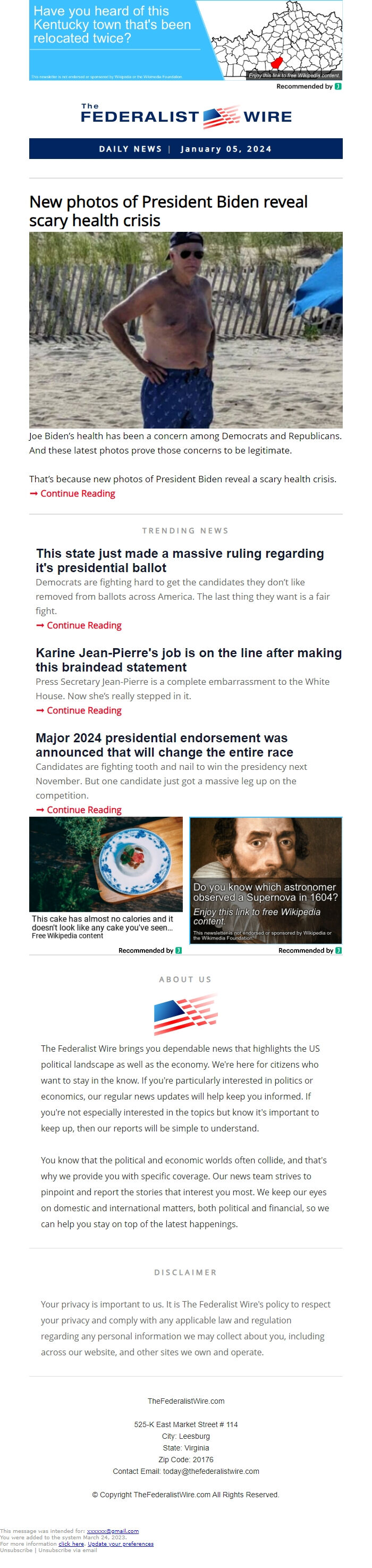 Screenshot of the email generated on import