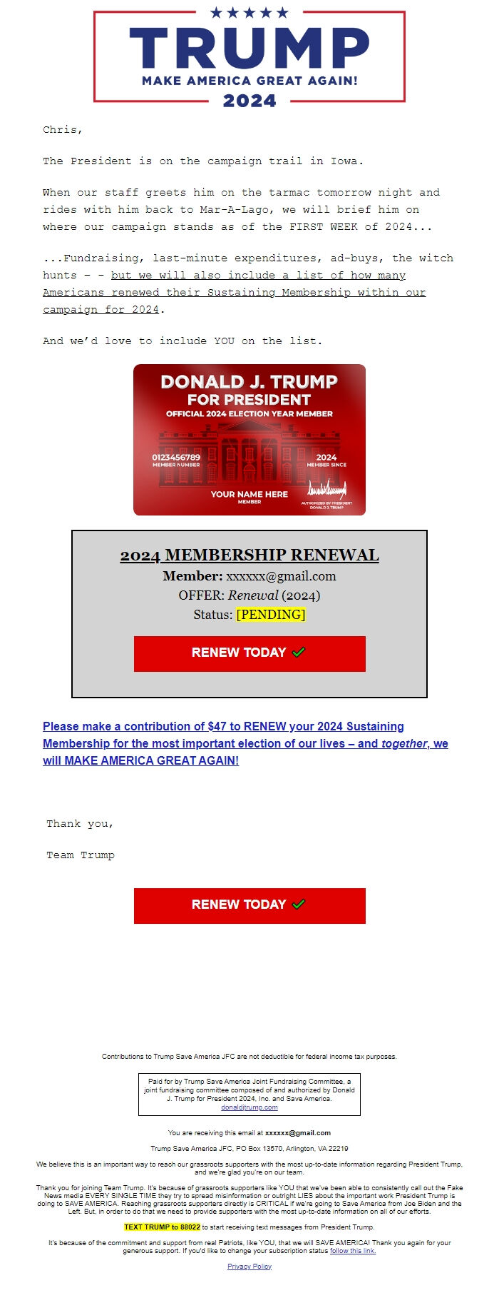 Screenshot of the email generated on import