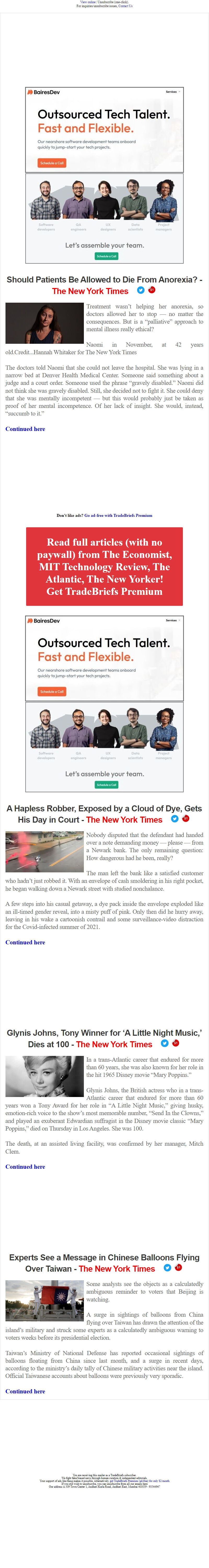 Screenshot of the email generated on import