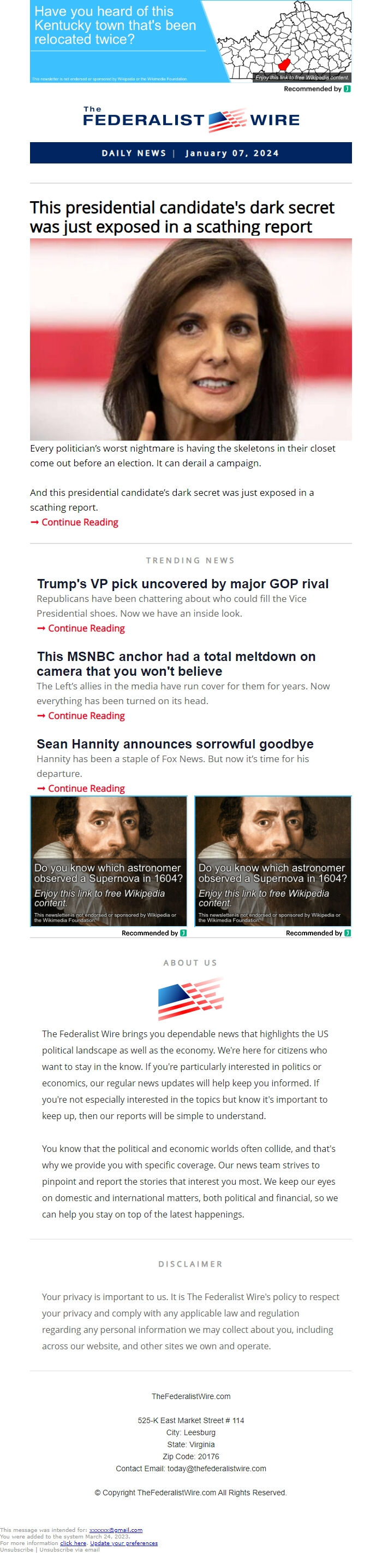 Screenshot of the email generated on import