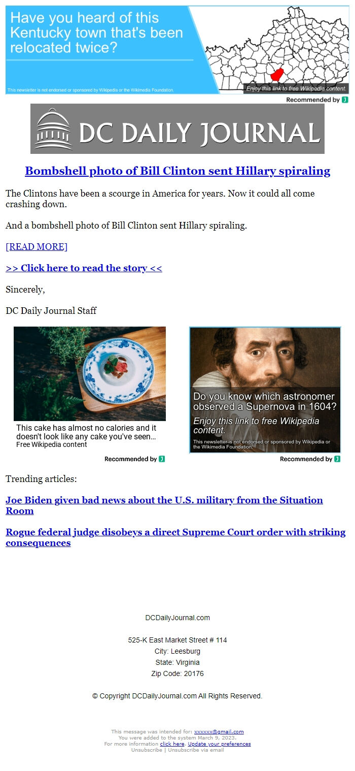 Screenshot of the email generated on import
