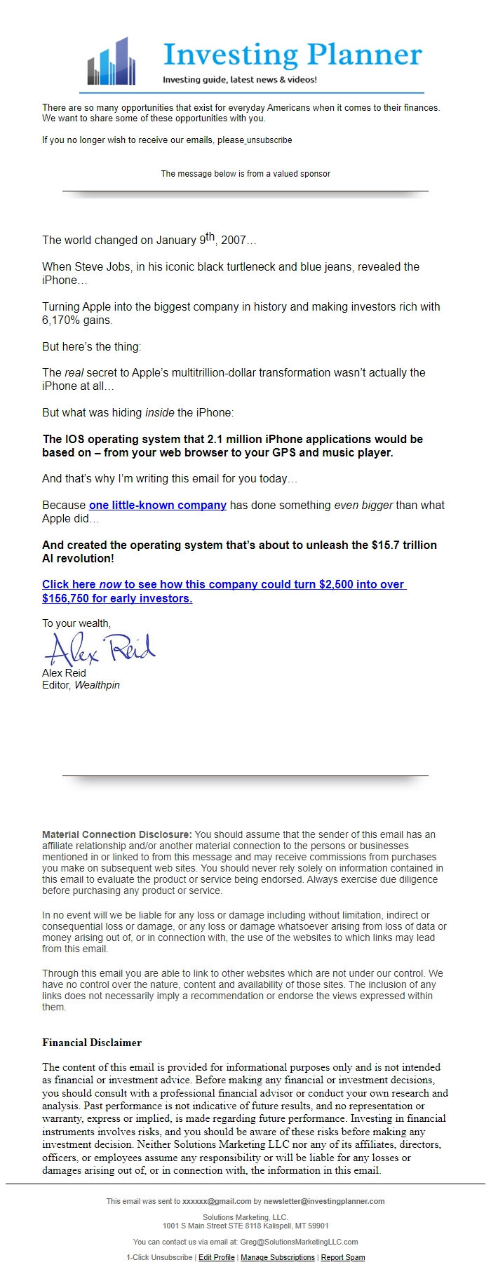 Screenshot of the email generated on import