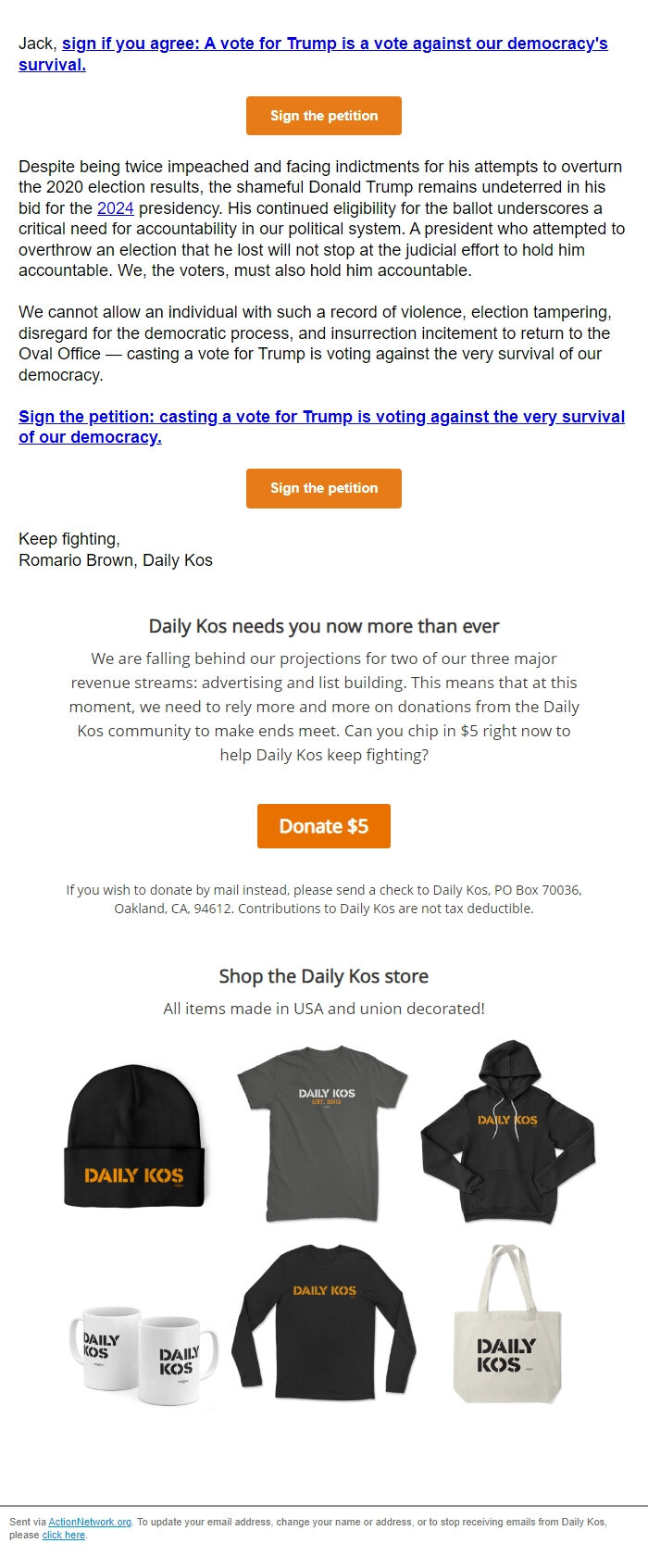 Screenshot of the email generated on import