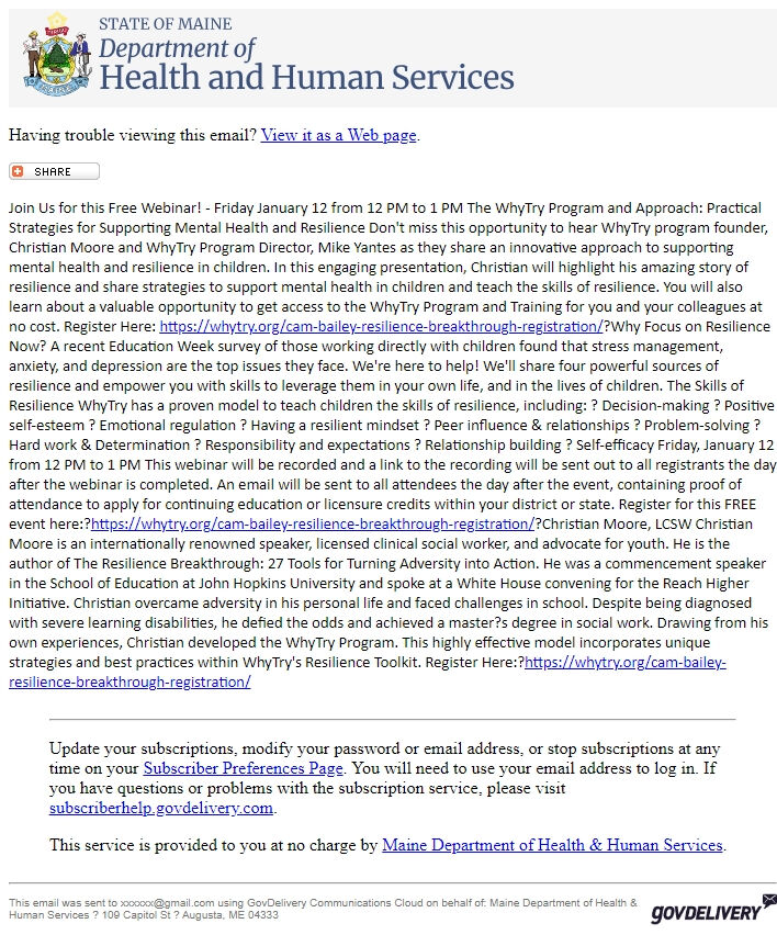 Screenshot of the email generated on import