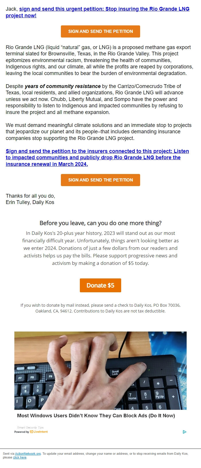 Screenshot of the email generated on import