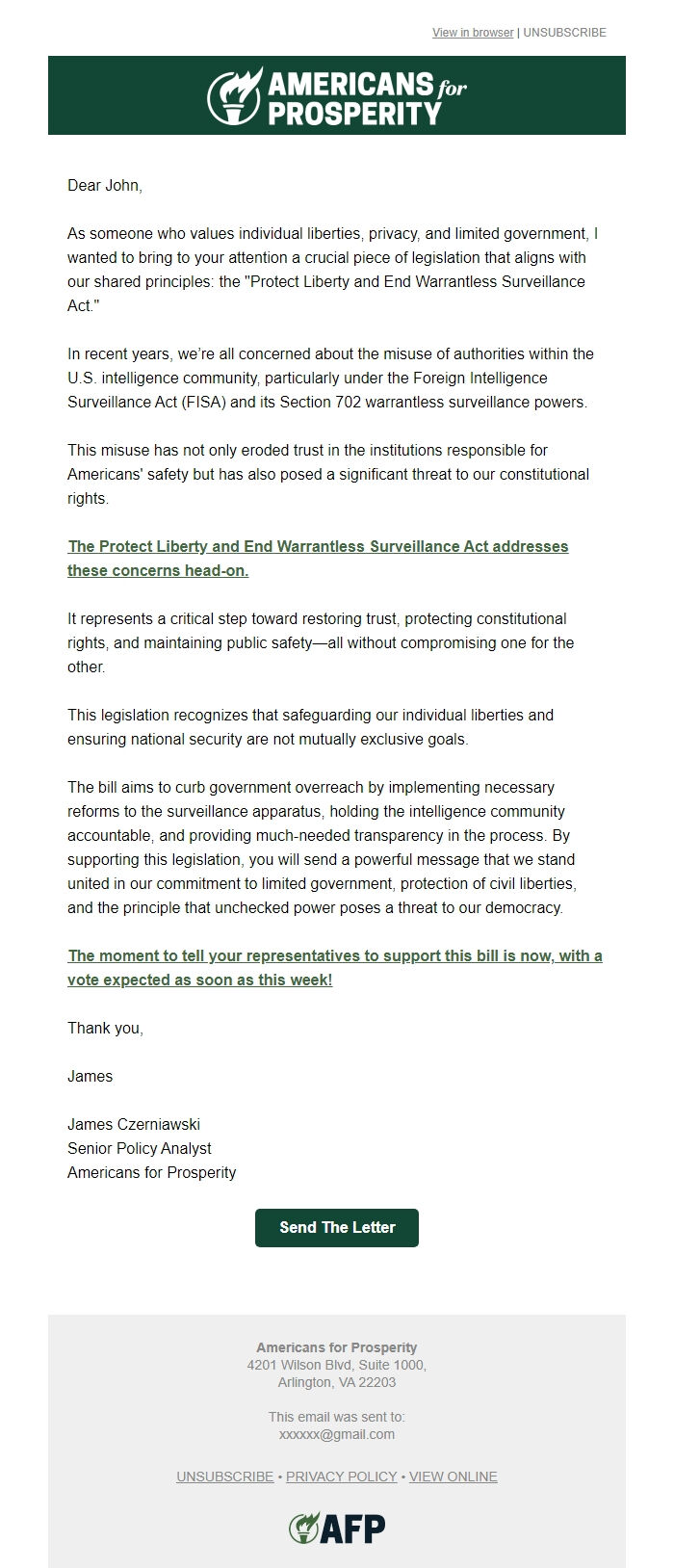 Screenshot of the email generated on import