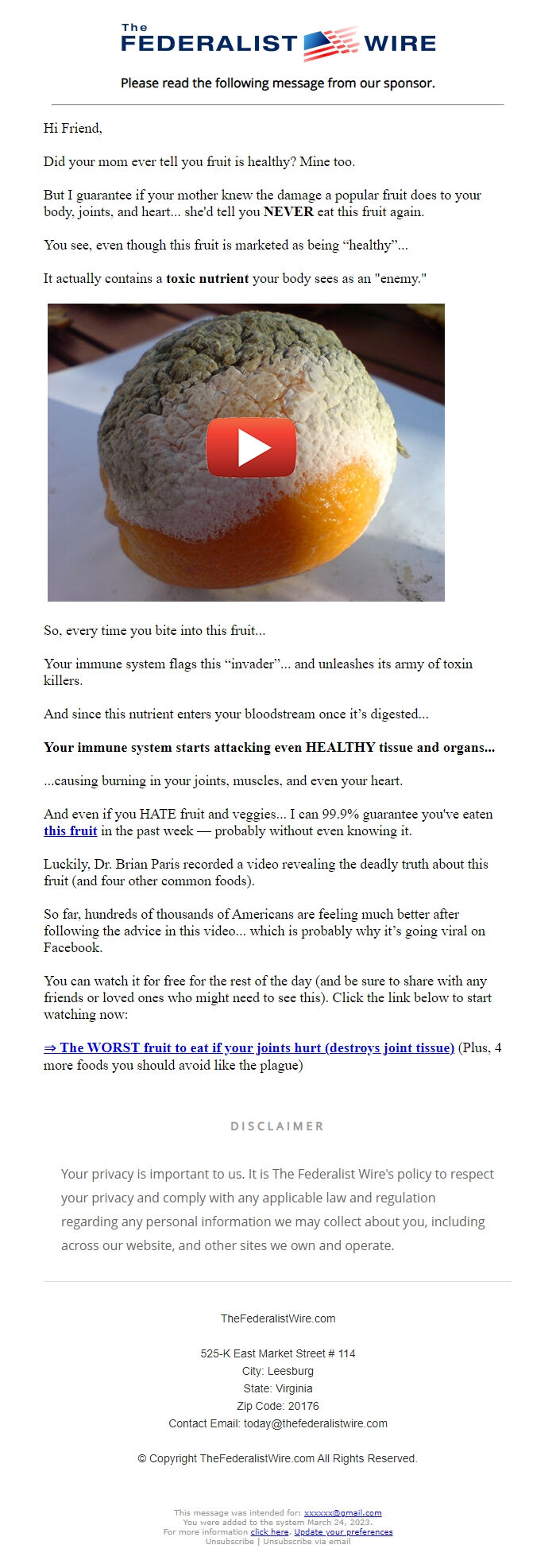 Screenshot of the email generated on import