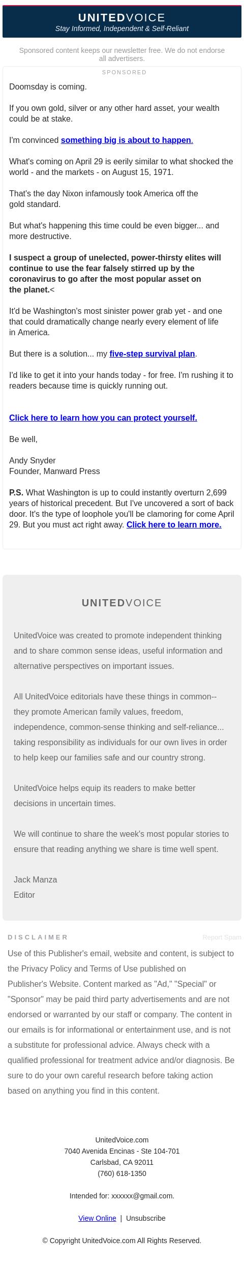 Screenshot of the email generated on import