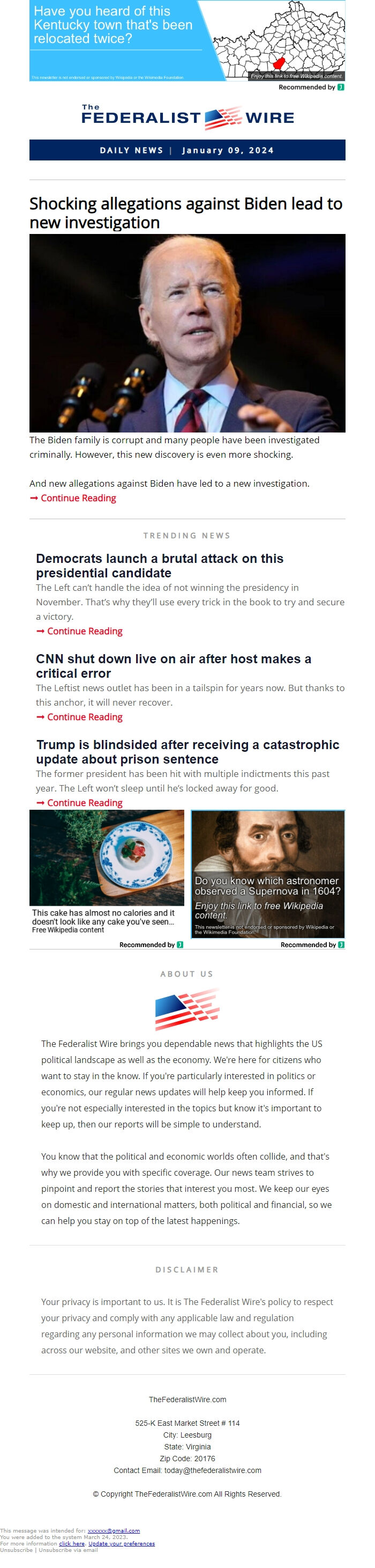 Screenshot of the email generated on import