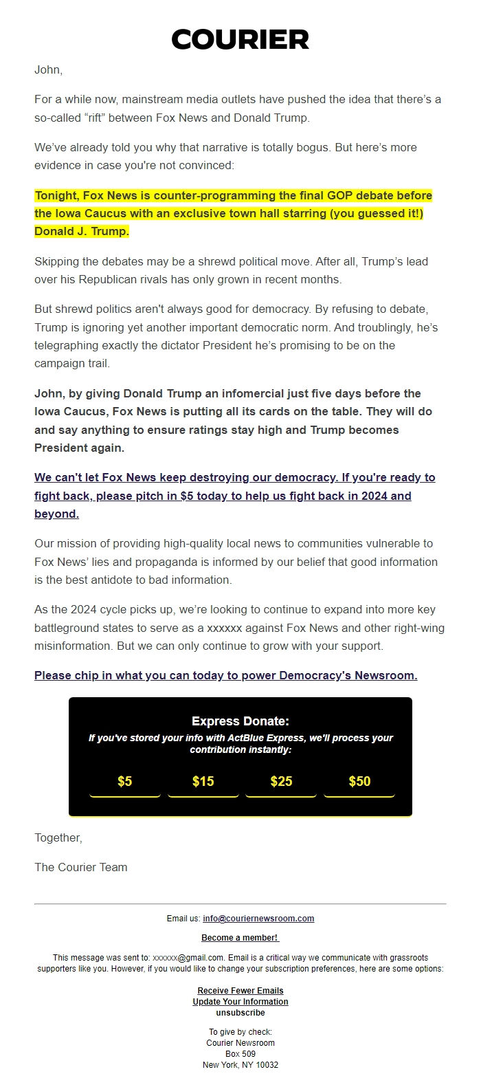 Screenshot of the email generated on import