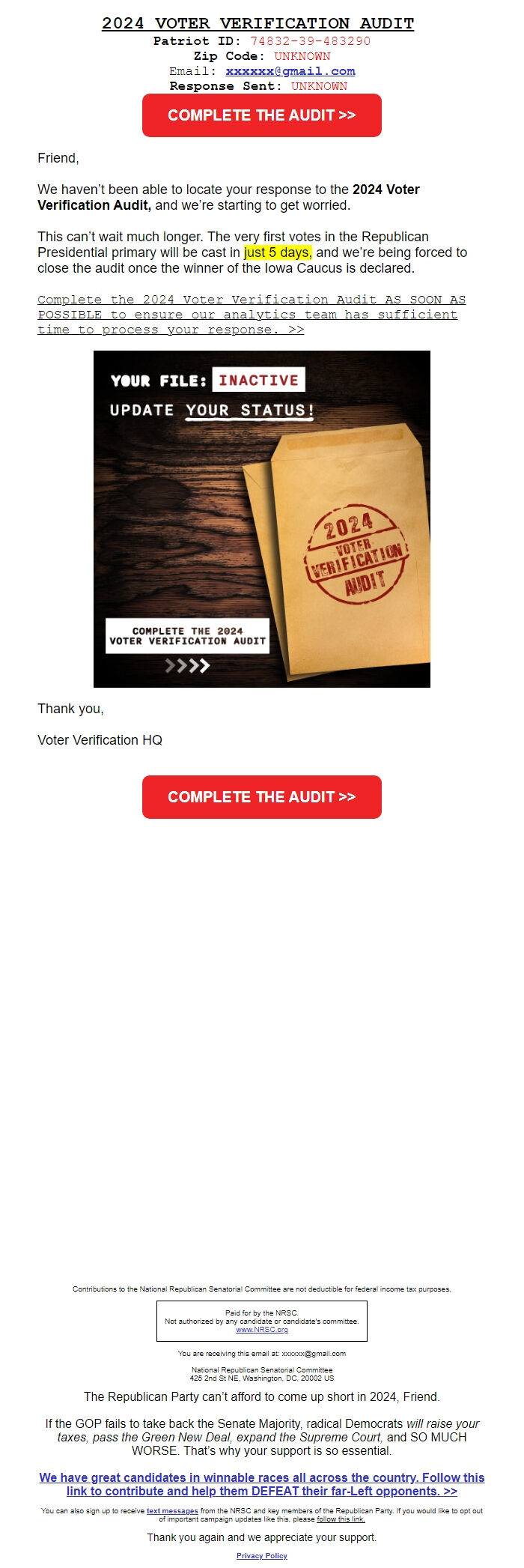 Screenshot of the email generated on import