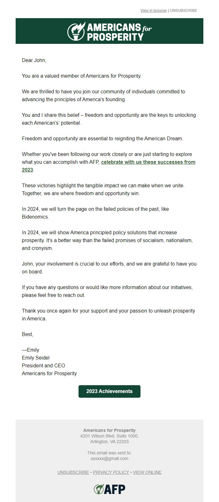 Screenshot of the email generated on import