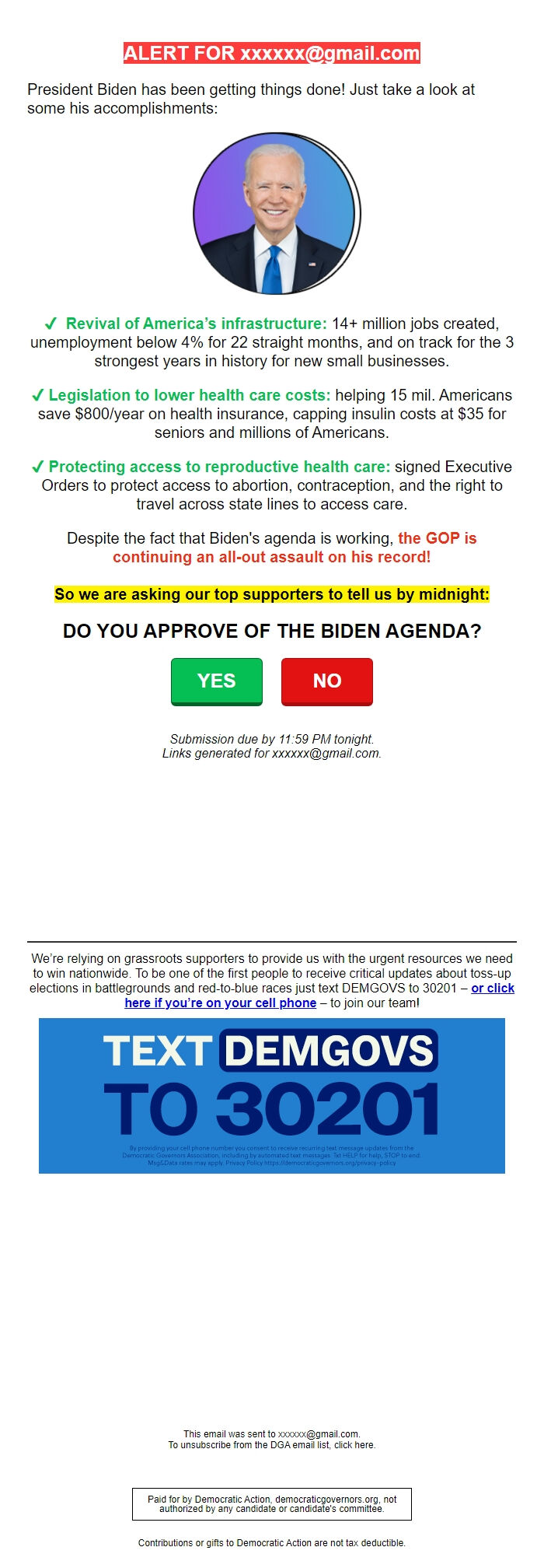 Screenshot of the email generated on import