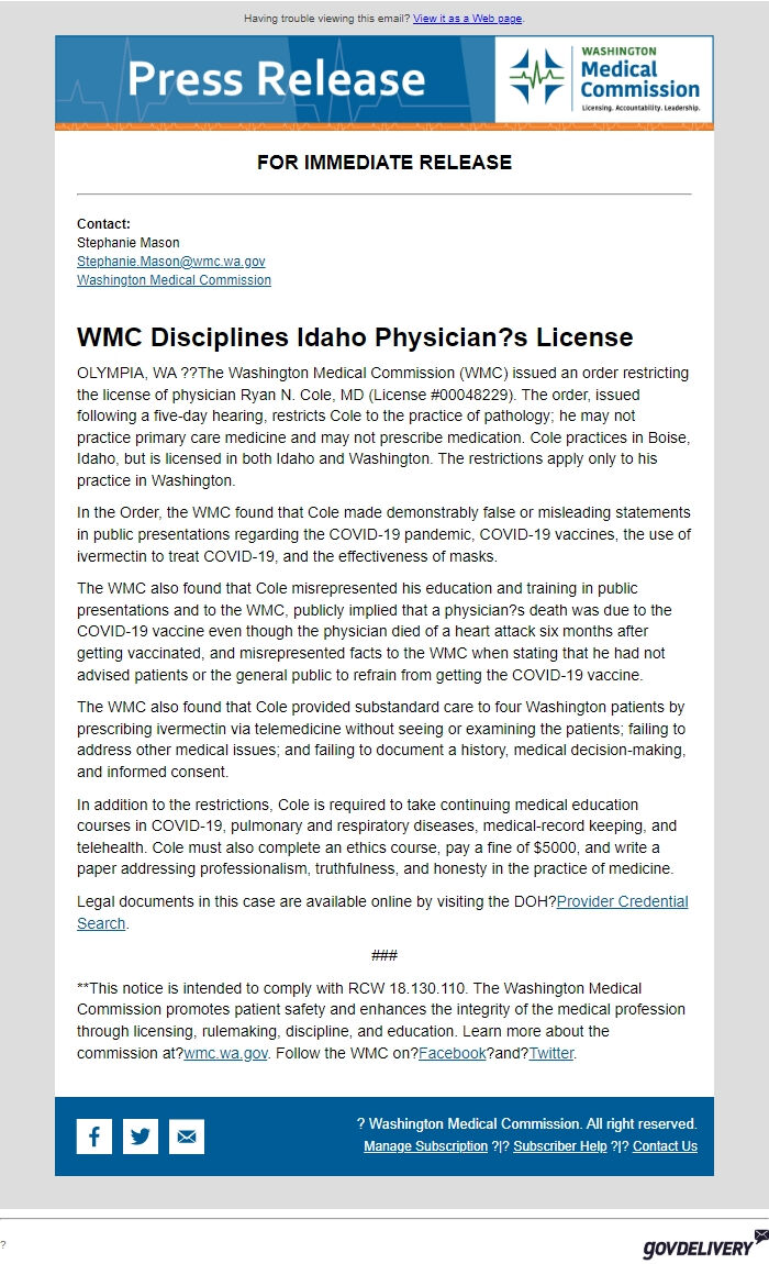 Screenshot of the email generated on import