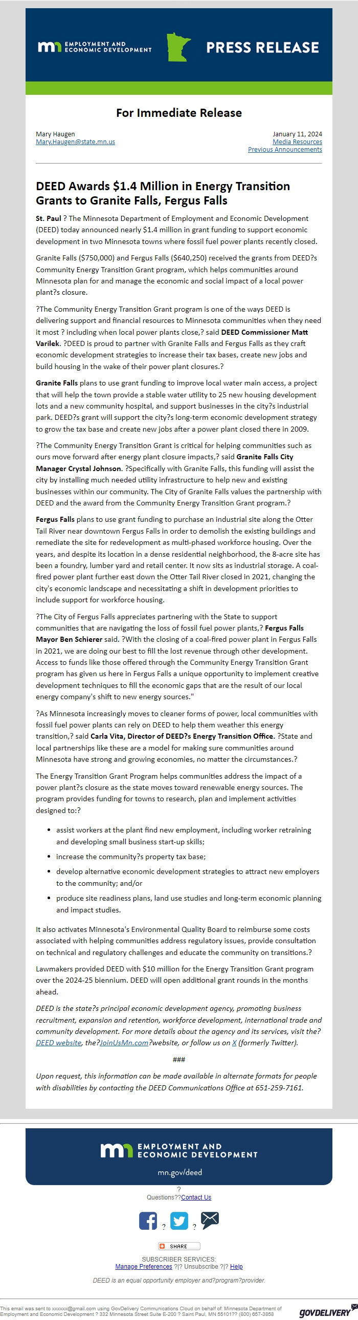 Screenshot of the email generated on import