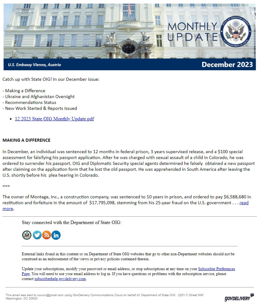 Screenshot of the email generated on import