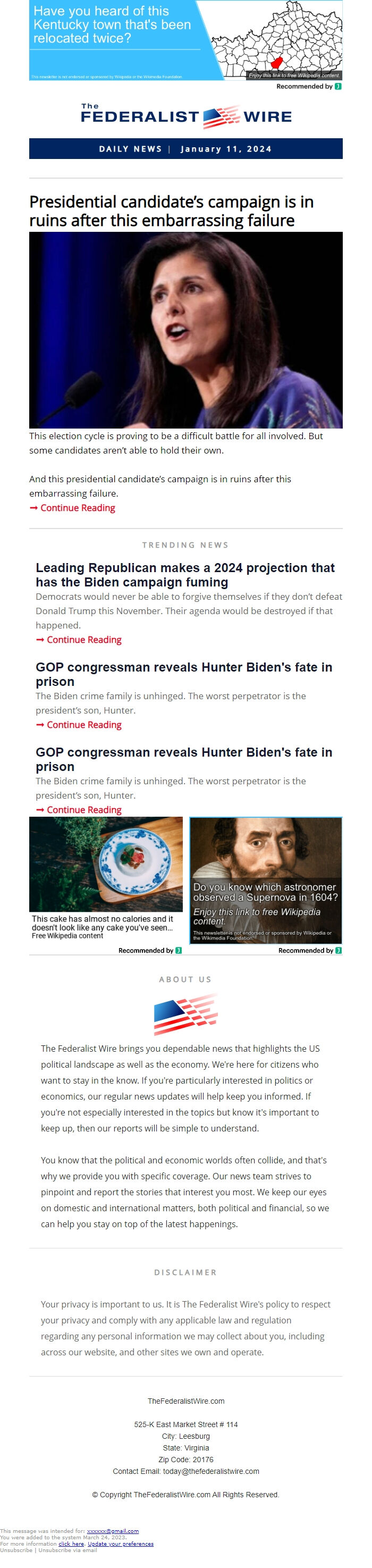 Screenshot of the email generated on import