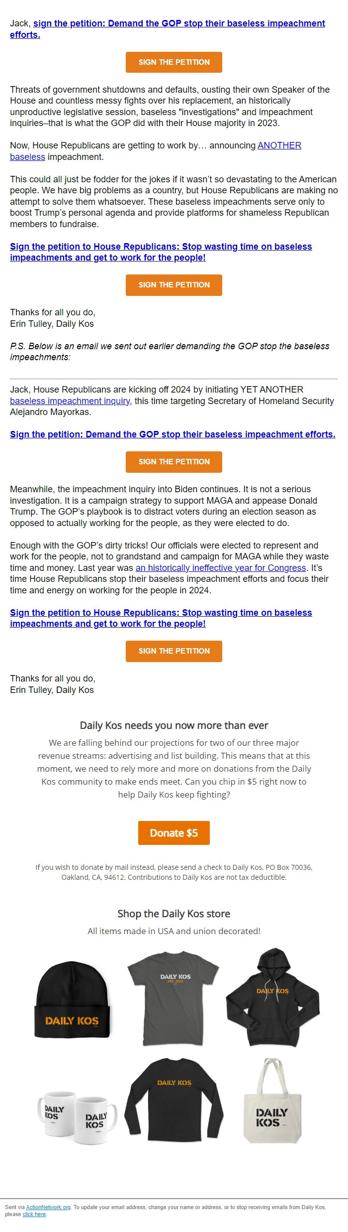 Screenshot of the email generated on import