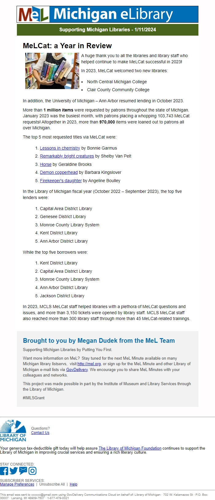 Screenshot of the email generated on import