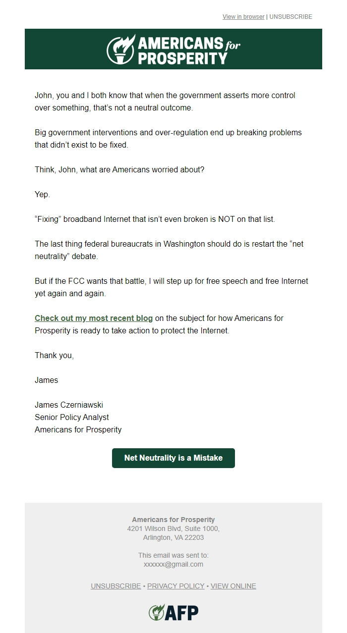 Screenshot of the email generated on import
