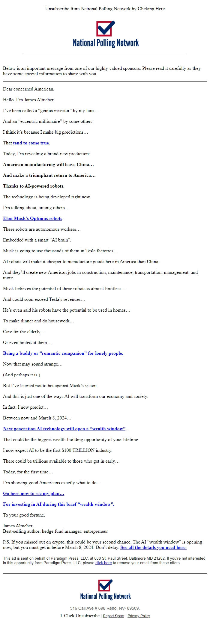 Screenshot of the email generated on import