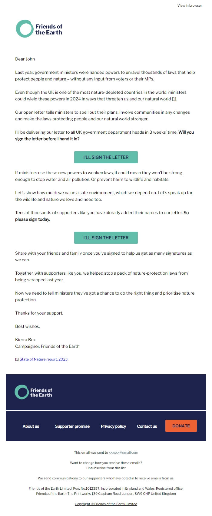 Screenshot of the email generated on import