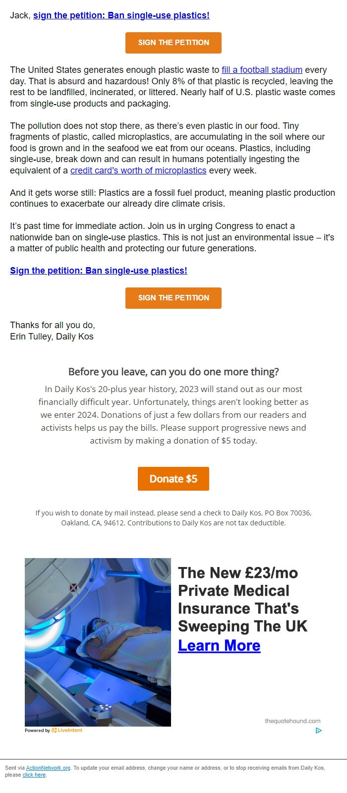 Screenshot of the email generated on import