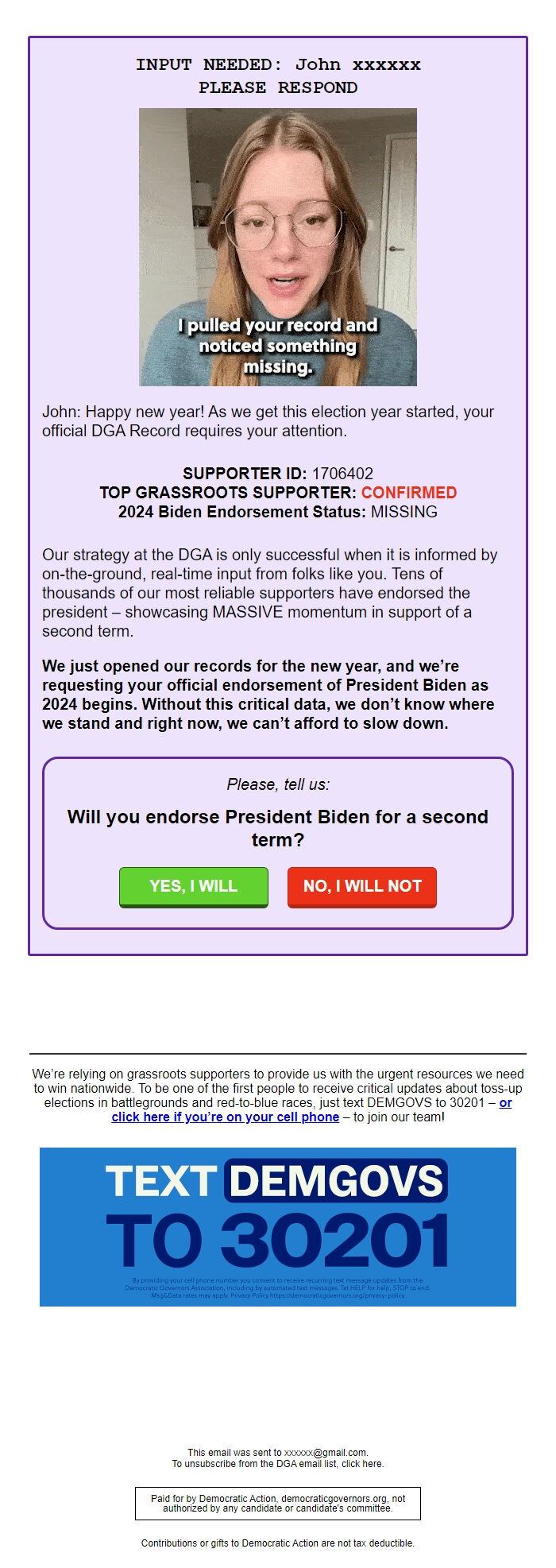 Screenshot of the email generated on import