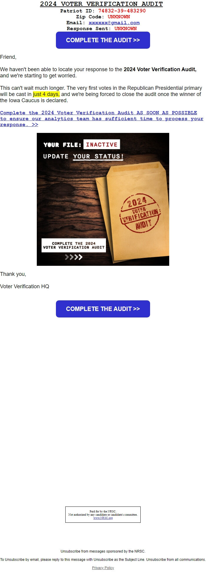 Screenshot of the email generated on import