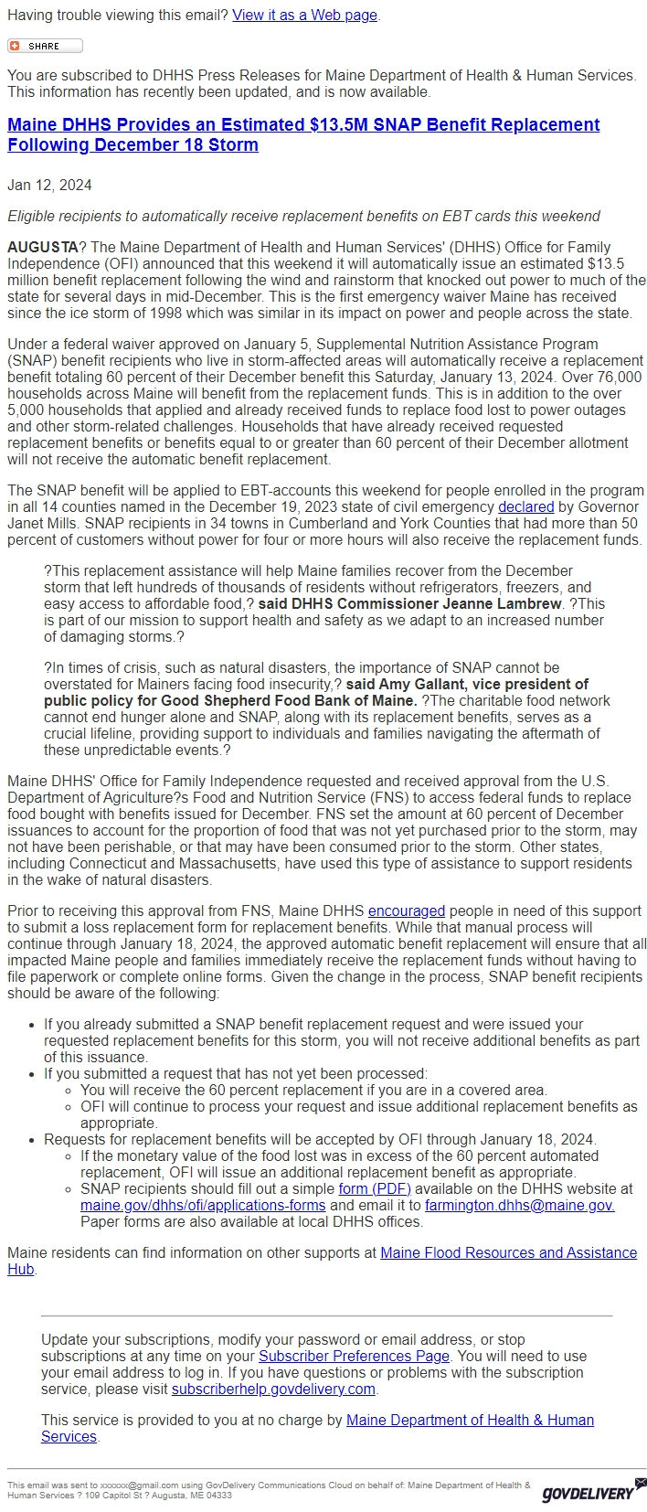 Screenshot of the email generated on import