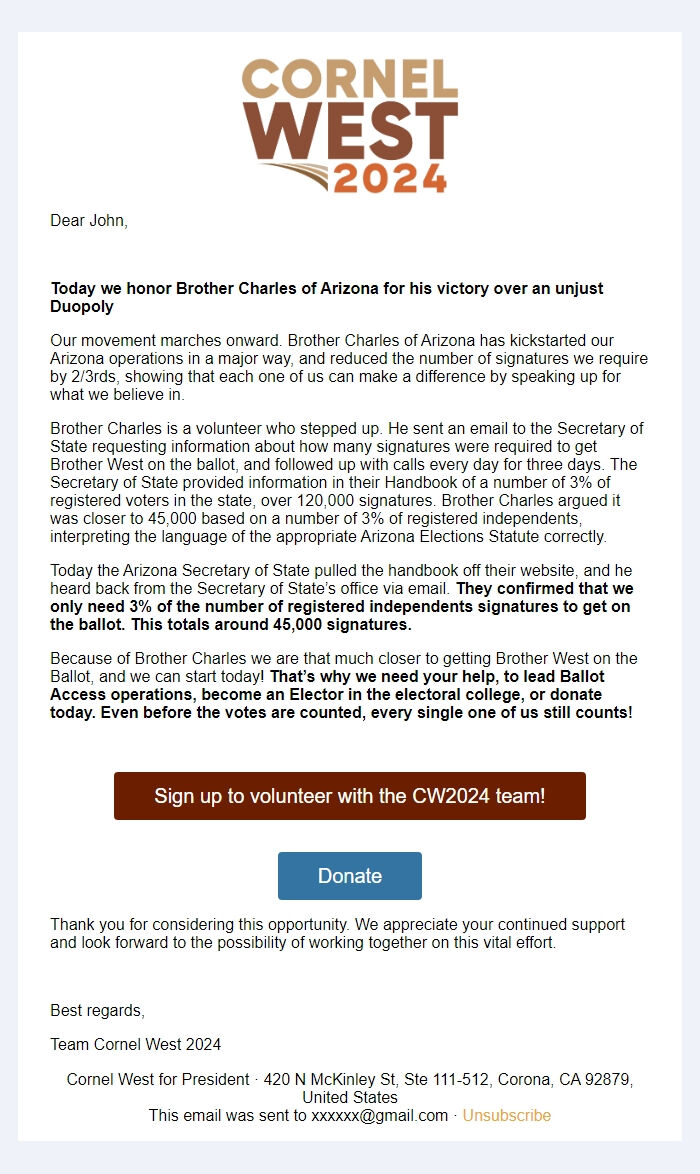 Screenshot of the email generated on import