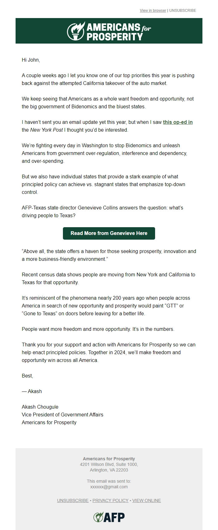 Screenshot of the email generated on import