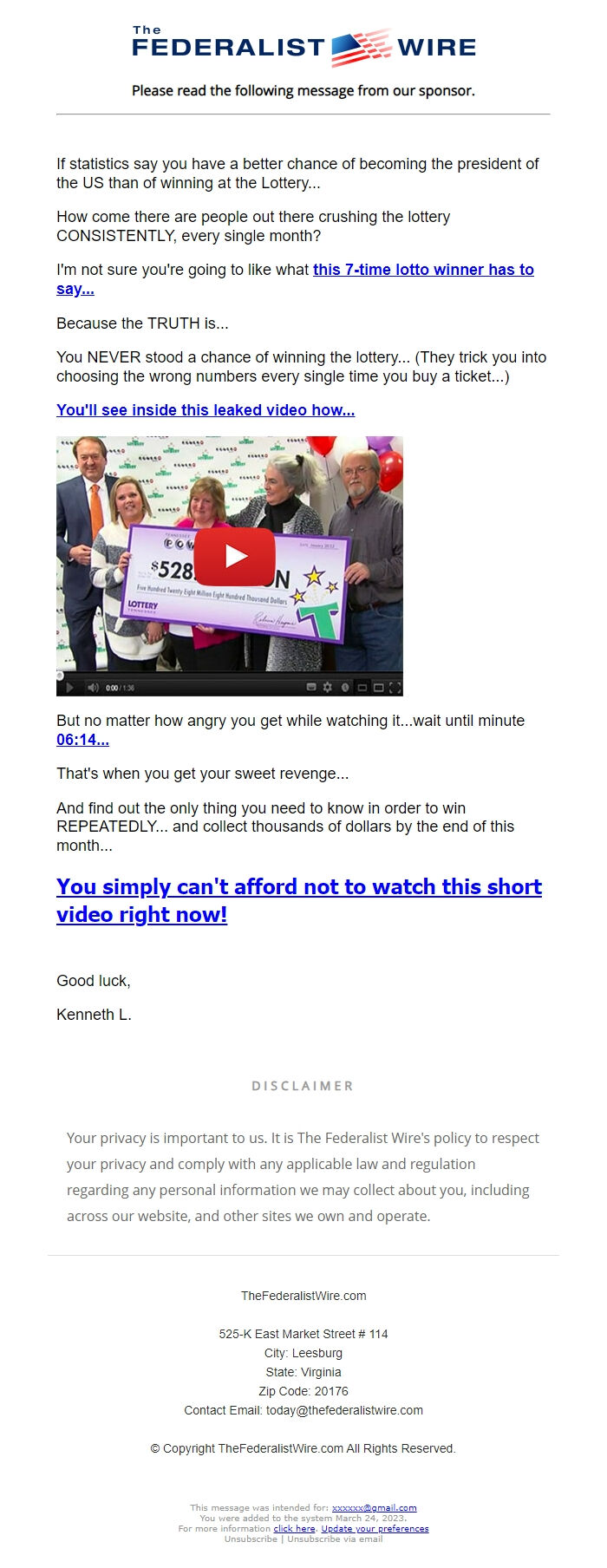 Screenshot of the email generated on import