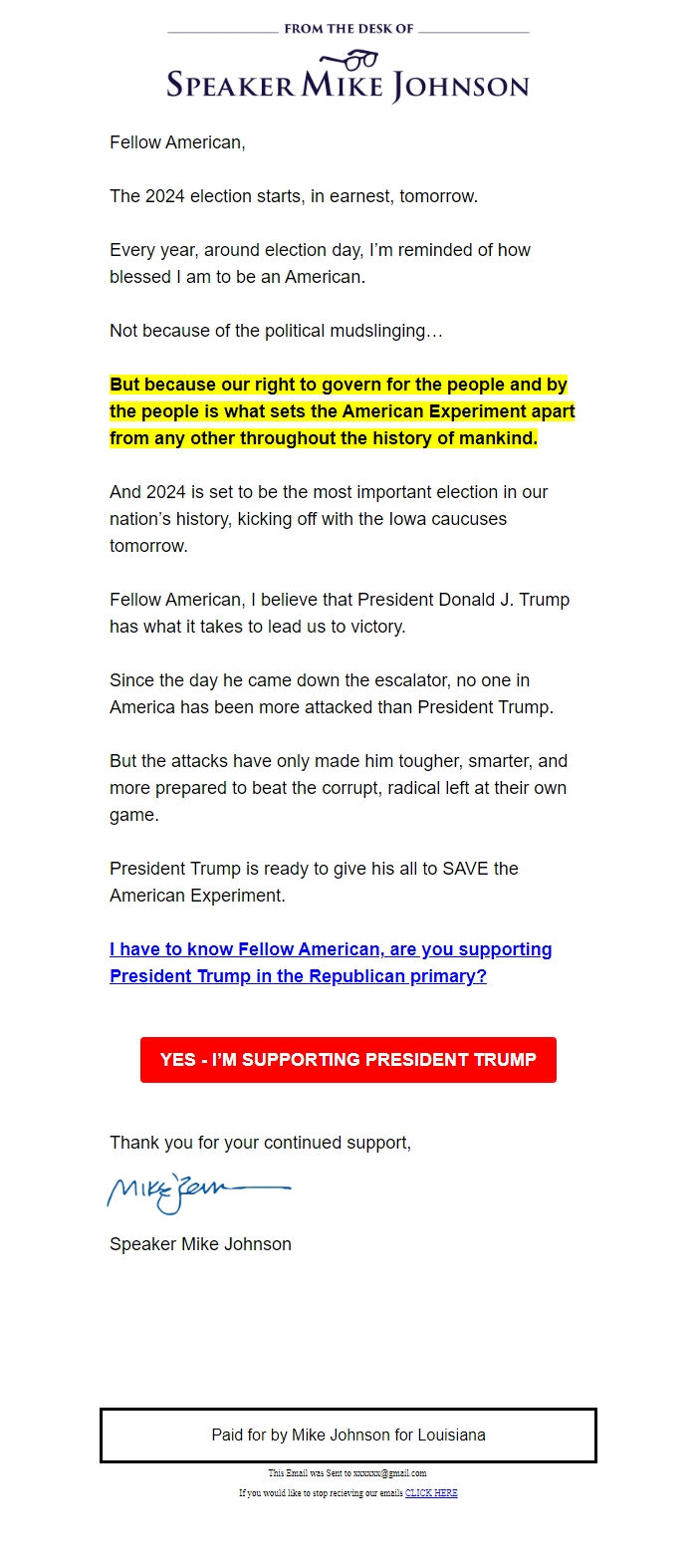 Screenshot of the email generated on import