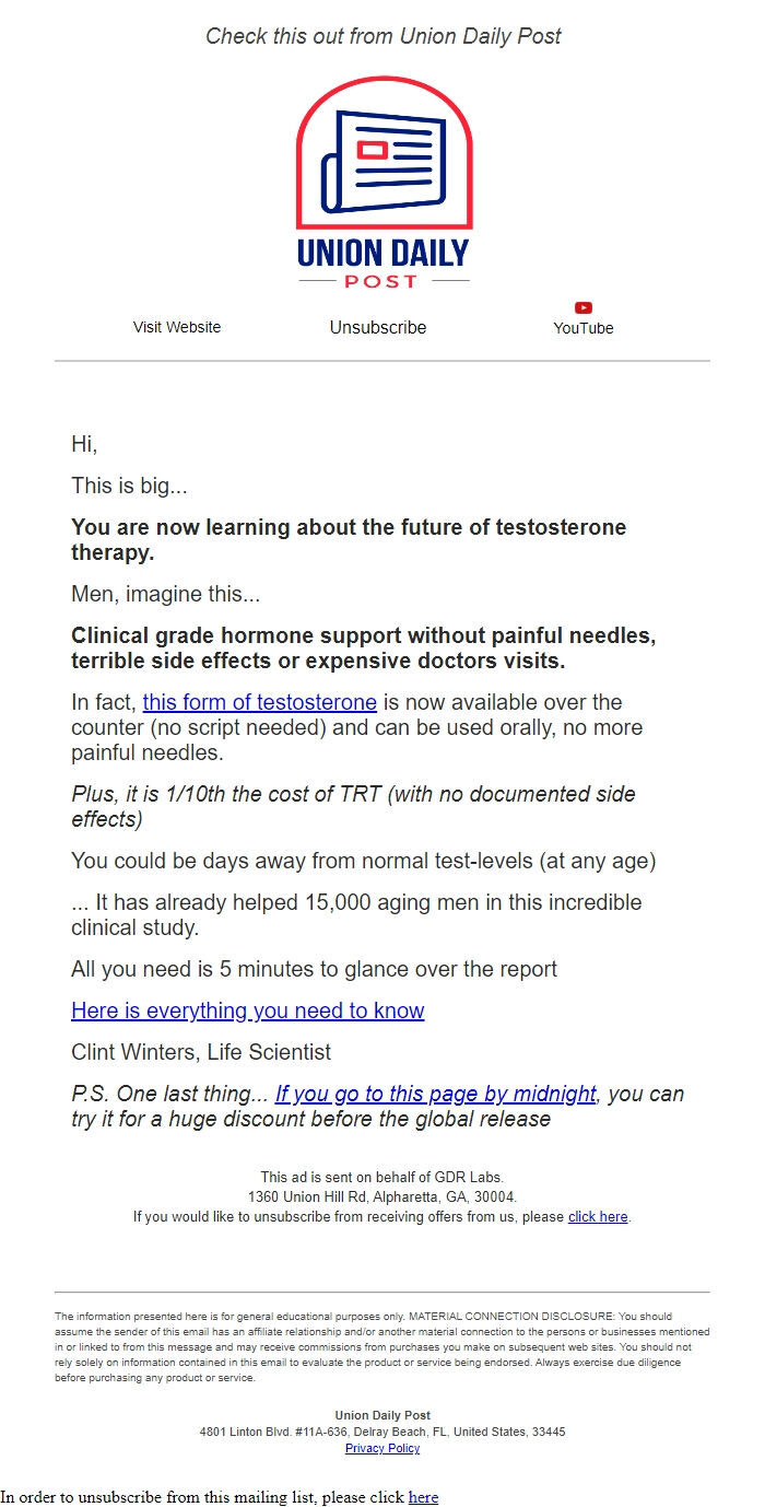 Screenshot of the email generated on import