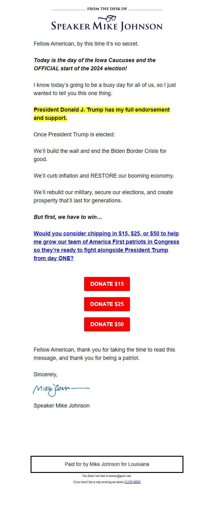 Screenshot of the email generated on import